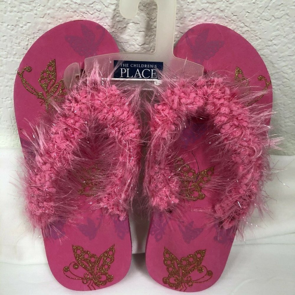 Girls Crocheted Fuzzy Flip Flops Pink Floral 2/3